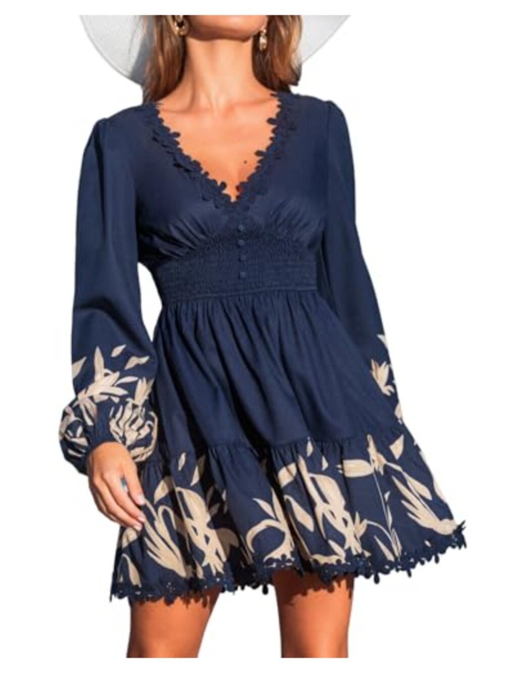 Plunging V Neck Lace Trim Puff Sleeve Smocked Mini Dress Fall Casual